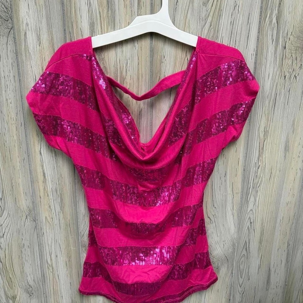 Wishful Park Y2K Hot Pink Sequin Striped Cowl Neck Ruched Back Top Medium